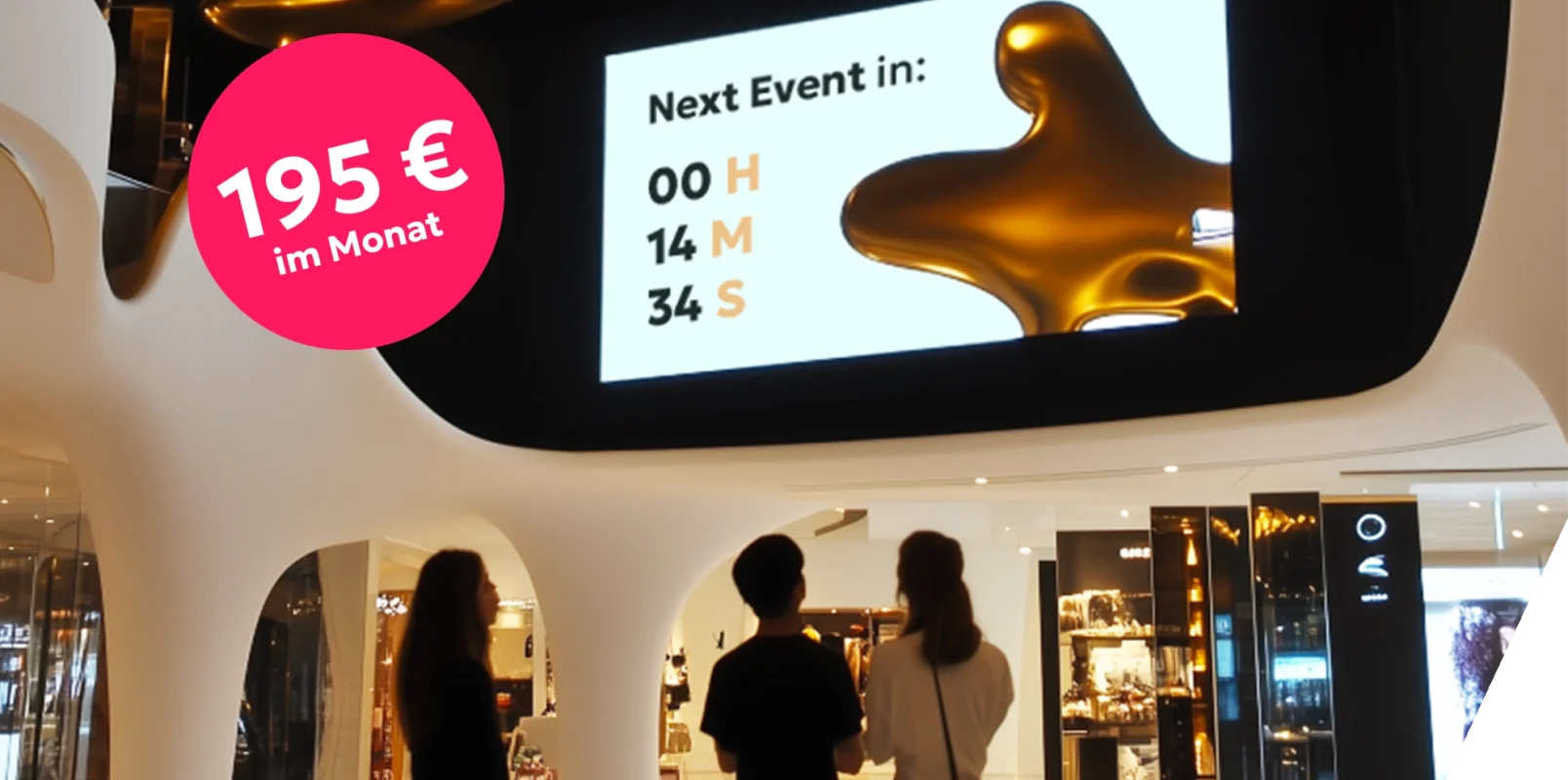 Digitale Retail Media Anzeige (Digital Signage) im Einkaufszentrum mit Countdown zum nächsten Event. Drei Personen betrachten die interaktive Werbefläche